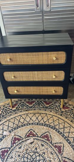 COZAYH Rattan Nightstand w/3 Drawers Black Gold Cosmetic Damage Price Reflective NEW