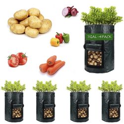 Potato-Grow-Bags,4 Pack 7 Gallon Garden Vegetable Planter with Handles&Access Flap for Vegetables,Tomato,Carrot, Onion,Fruits,Potatoes-Growing-Contain