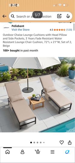 RIALTO- JUST ONE!!! Pellebant Outdoor Chaise Lounge Cushions with Head Pillow and Side Pockets