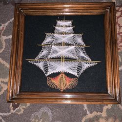 Vintage Handmade String Art/Nail Art Boat/ship Man Cave Fathers Day Artwork Office Decor 
