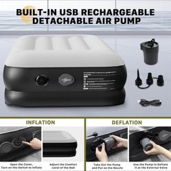 16" Queen Air Mattress with Built-in Rechargeable USB Pump, Pillow - Portable, Easy Setup for Home,