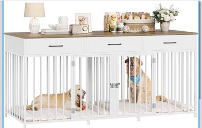 HOSTACK Double Dog Crates Furniture, 71" Wide Indoor Dog Kennel with 3 Drawers, Farmhouse Dog Cage for 2 Large/Medium Dogs, Heavy Duty Dog Crate with 