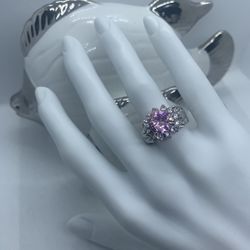 Pink Morganite & White Zircon Gemstone Ring, Sterling Silve, Sz 8