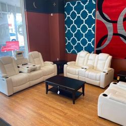 Party Time White LED Power Reclining Living Room Set with Adjustable Headrest /Couches / Sofa and Loveseat