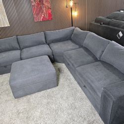 Thomasville Bryden Fabric Sectional with Lots of Storage Seats and Ottoman