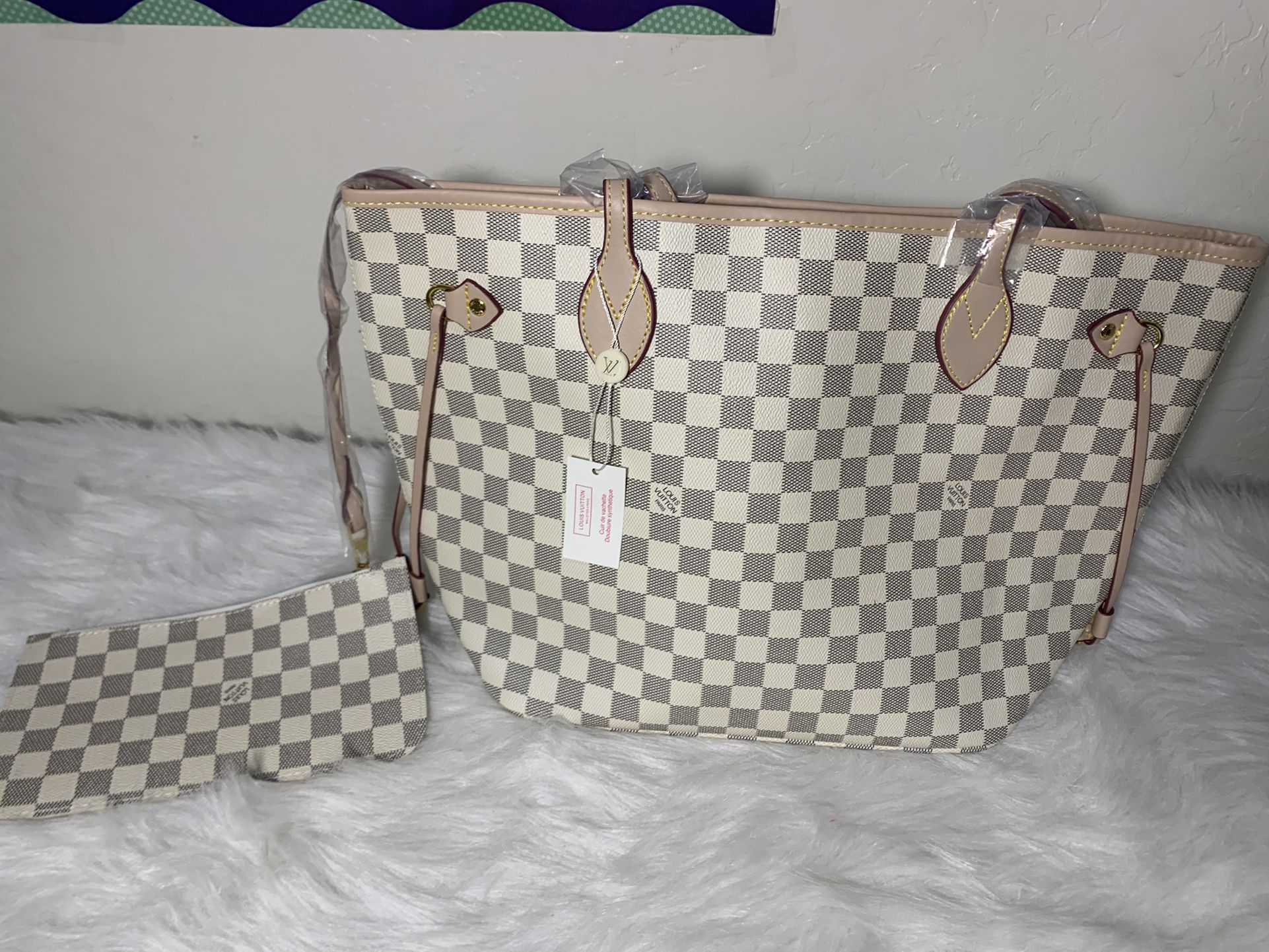 White Checker Purse Pink Inside And Comes With Small Wallet   $120