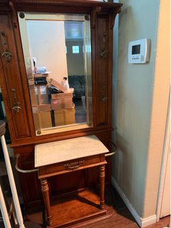Vintage Hall Tree Coat Rack with Mirror & Marble Top Entryway Stand – Solid Wood