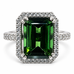 Platinum Ring with 4.38Ct. Green Tourmaline and Diamonds 0.95 Ct. (Size 8.50)