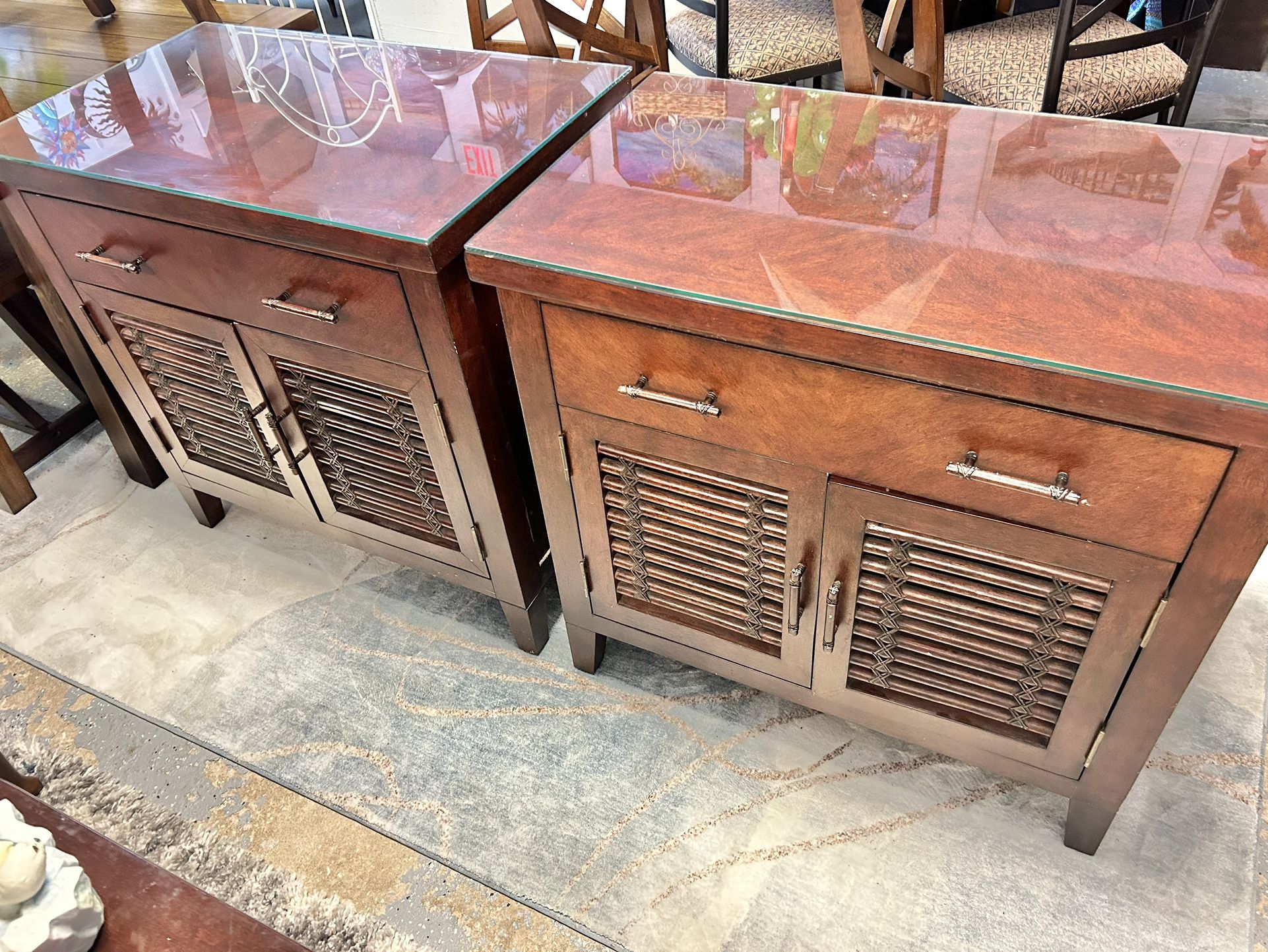 Pair Of Solid Wood Nightstands With Glass Tops