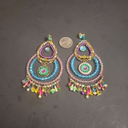 Artisan Made Beaded Chandeliers Earrings W/Central Mosaic Style, Vivid Color Beads & Crystals - Eye Catching 4.5"H X 2.5"W