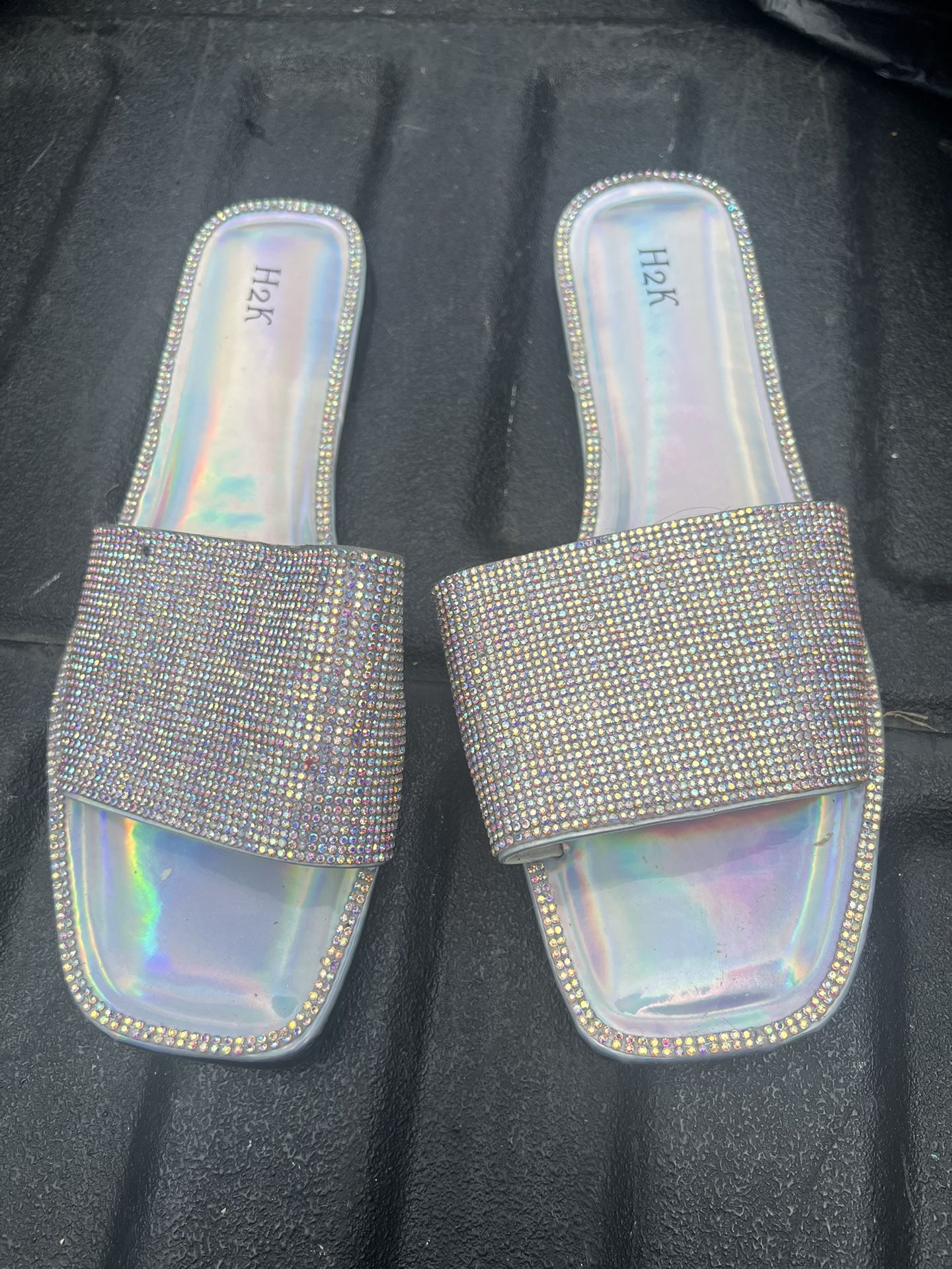 H2K Dream SILVER Glitter Bling Sparkle Fancy Slides Sandals Low Flats Size 10