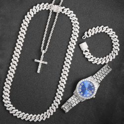 16mm Hip Hop Miami Cuban Link Chain Set Necklace +Watch+Bracelet Creative Iced Out Shiny Trendy Stylish Jewelry For Women Men