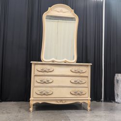 Off-White French Provincial Three-Drawer Dresser with Mirror