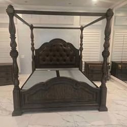 King Canopy Bed with Bernhardt Nightstands + TV Chest – Complete Bedroom Set