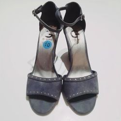 G By Guess Platform Wedge Studded Blue Peep Toe Strappy Sling Back Shoes SZ 10
