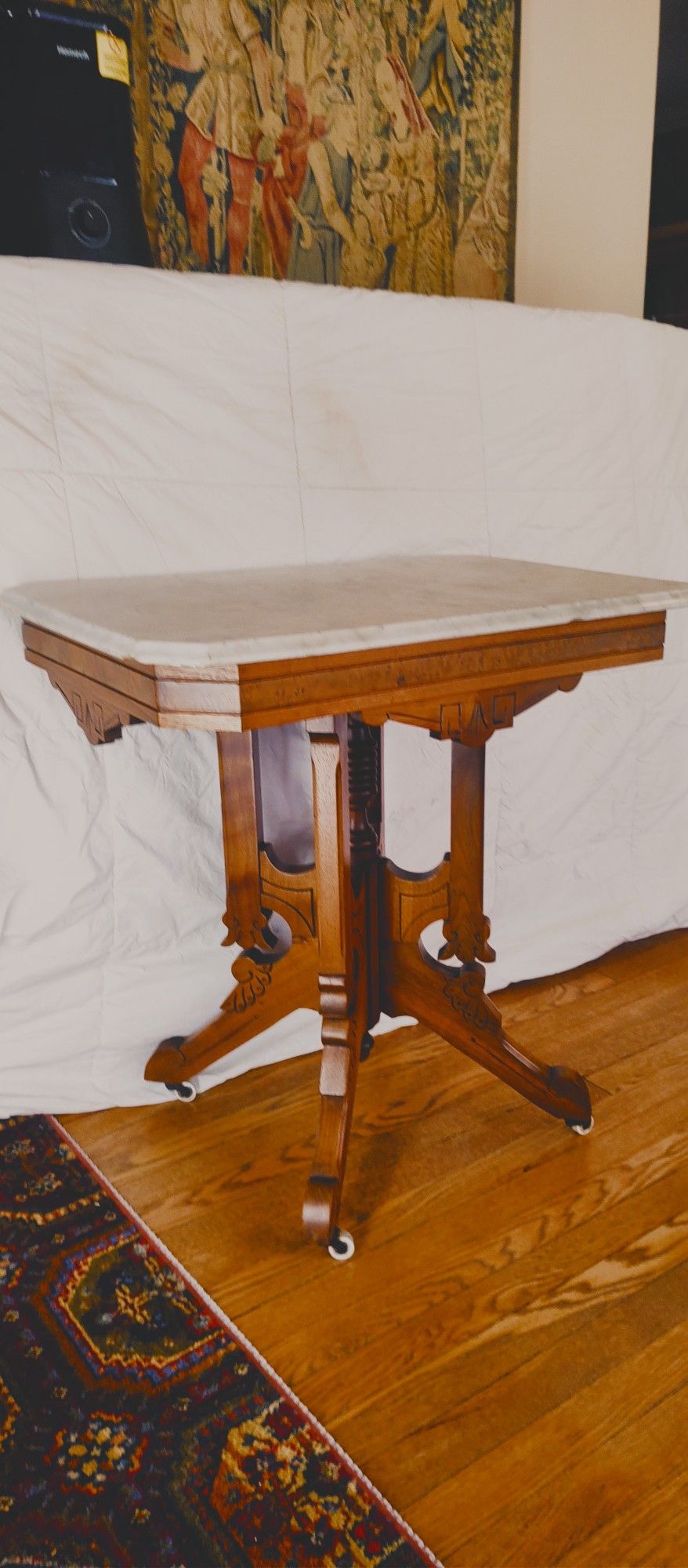 Antique Walnut And Marble End Table