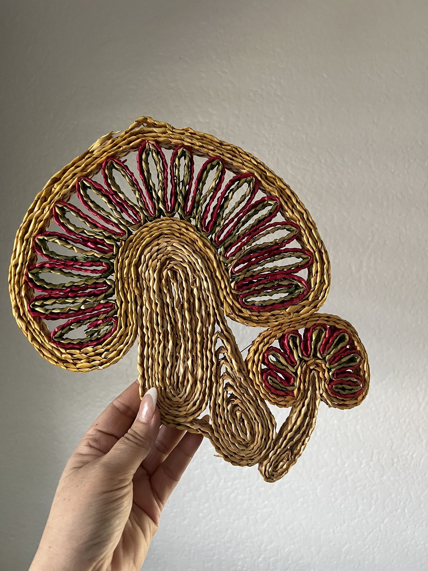 VTG Mushrooms Woven Rattan Wicker Straw Trivet Hot Pad Boho Retro MCM