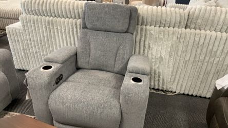 Blue/ Grey Material Electric Recliner With Console Cupholders LEDs And USB Plug Ins