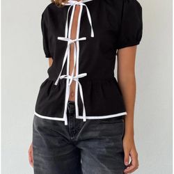 Women's Small -Motel- Ryota Black white tie front blouse- NWT  100% Cotton 