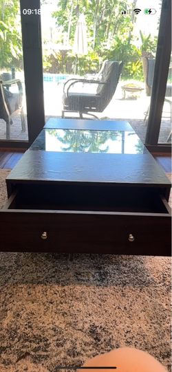Dark Wood Coffee Table with Glass Top and Drawers