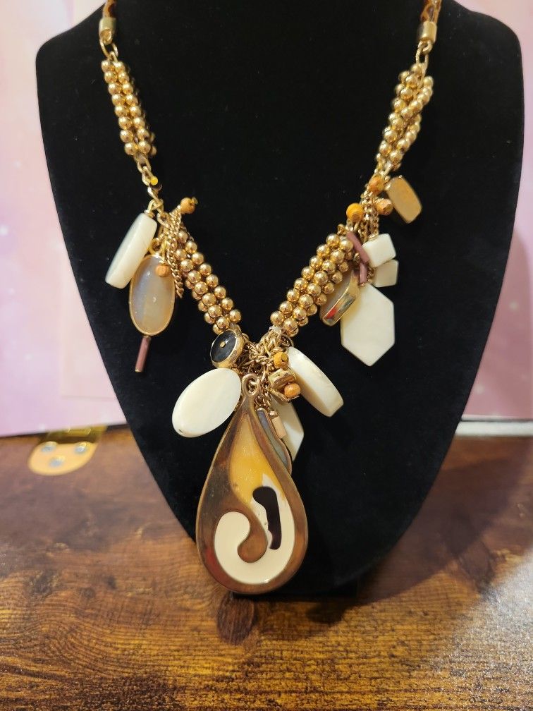 Pier Imports Yin-Yang Tao Design 22" NecklaceShiny Goldtone Brown Beige 19"+3" Extender F10