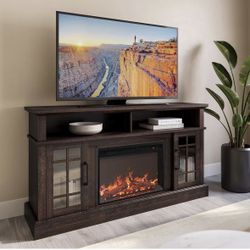 Z129-Traditional 58" Rustic TV Stand with 23" Electric Fireplace Heater with Sound, Media Entertainment Center Console Table for TV up to 65" with Ope