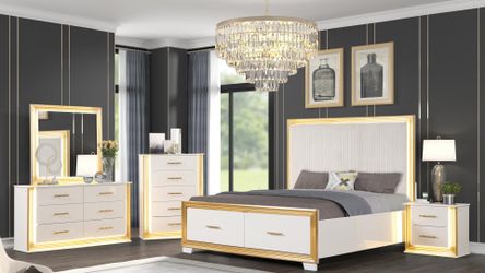 Obsession Luxury 4pc Queen Bedroom Set - Modern White & Gold LED Lights. Finance/Delivery Available