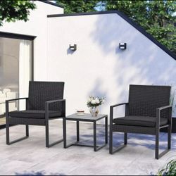 New 3-Pieces Modern PE Rattan Chair Patio Furniture Conversation Sets Patio Set Bistro Set for House Porch Garden Backyard Outdoor   New in box T LCRC