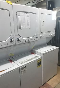 Ge unitized spacemaker 2.0 cu ft 12 cycle washer and 4.4 cu ft 4 cycle Dryer Gas laundry center- White/ 1 year warranty free delivery