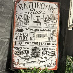 Vintage style aluminum bathroom rules sign
