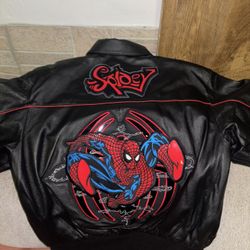 Official Marvel Spider-Man Embroidered Faux Leather Bomber Jacket – Comic‑Style