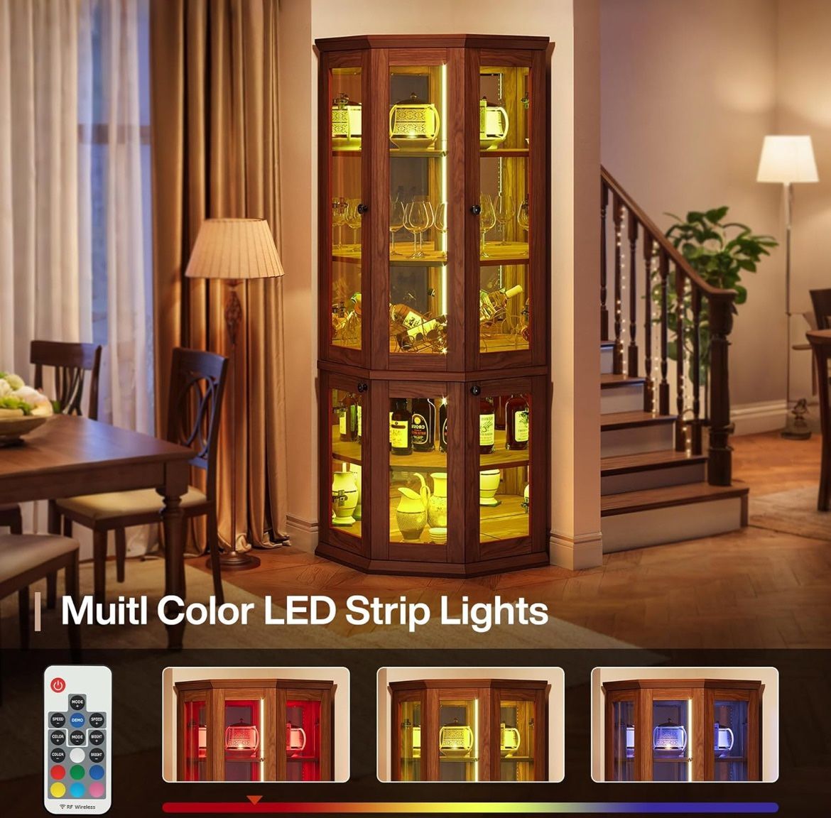 Tribesigns Corner Storage Cabinet, 71" Tall Corner Cabinet with Doors & LED Lights, 5-Tier Mid-Century Display Shelf for Living Room, Kitchen, Walnut 