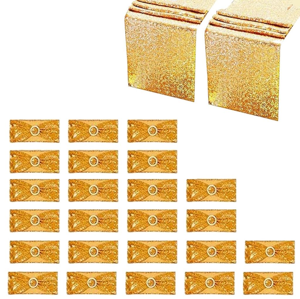 Aulufft 24 Pcs Gold Sequin Chair Sashes And 2 Pcs Sequin Table Runners Set Chair Slider Elastic Cover Bands With Bows Glitter Sashes For Party Wedding