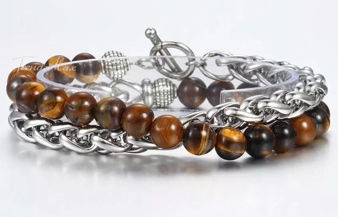 Unique Natural Tiger Eye Stone Men's Beaded Bracelet Stainless Steel Cuban Link Chain Bracelets Male Gifts Dropshipping 8"