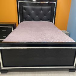 Queen size bed, with mattress, spring box, night stand, dresser with mirror