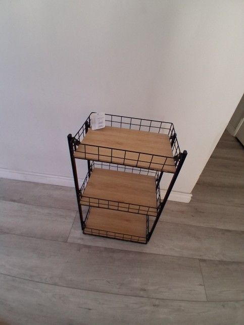 *MUST SELL* END TABLE STORAGE SHELF 3 SHELVES. BLACK WROUGHT IRON LIGHT PRESSED WOOD