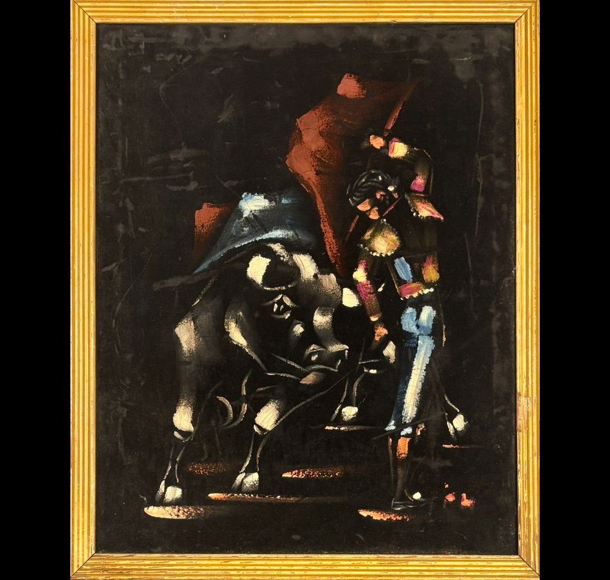 Framed Black Velvet Painting of Matador in a Bullfight