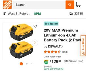 DEWALT 20V Max 4Ah Lithium Ion Battery 2-Pack