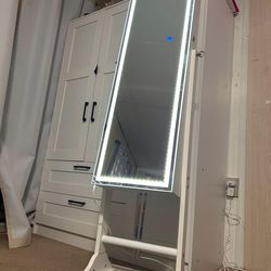 White LED Full Length Mirror Jewelry Armoire