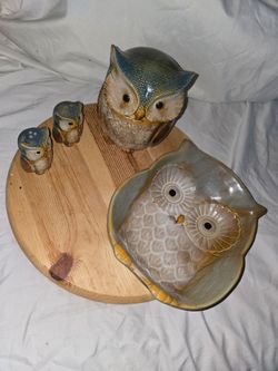 Ceramic Owl Decor Set- Canister, Shakers, and Dish