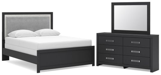 Maeling Black Queen Upholstered Panel Bed, Dresser and Mirror