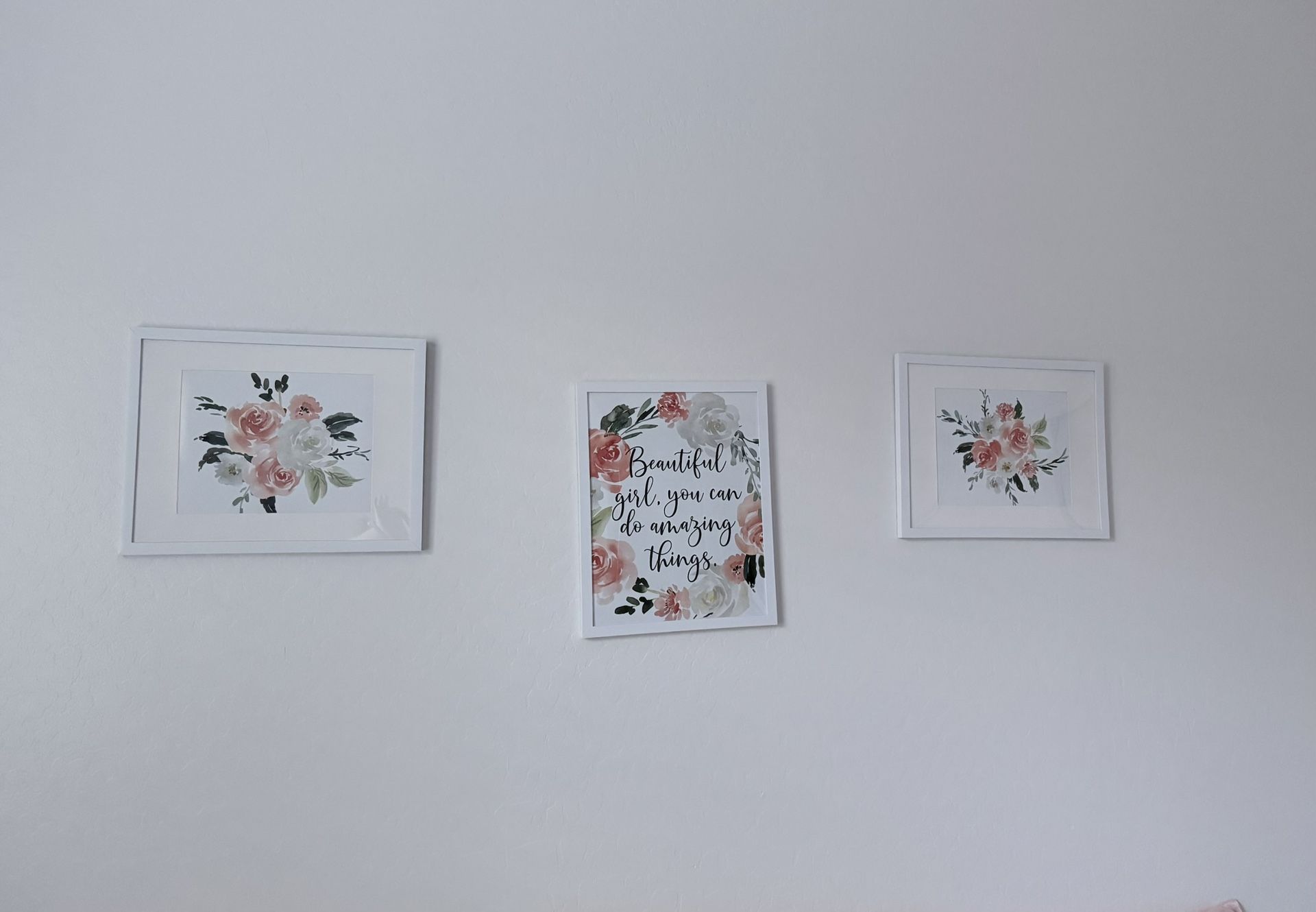 3 White Picture Frames & Prints