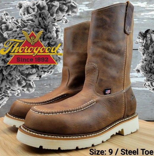 New THOROGOOD American Heritage 11” Pull-On Steel Toe Slip-Resistant EH Rated Leather Wellington Work Boots Botas Size: 9 wide