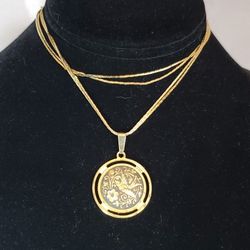 Etched Bird In Floral Design Pendant On Double Chain