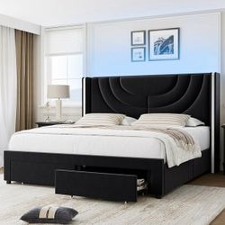 LED Upholstered Bed Frame w/ Storage Drawers – Queen, Black Velvet