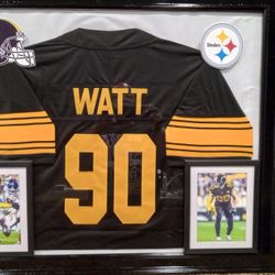 TJ WATT OF THE PITTSBURGH STEELERS CUSTOM STITCHED FRAMED JERSEY.