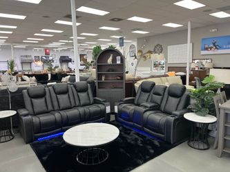 BLK LEATHERETTE POWWR SOFA W DROP DOWN CONSOLE FIR DRINK HOLDER & USB CHARGER   SET W