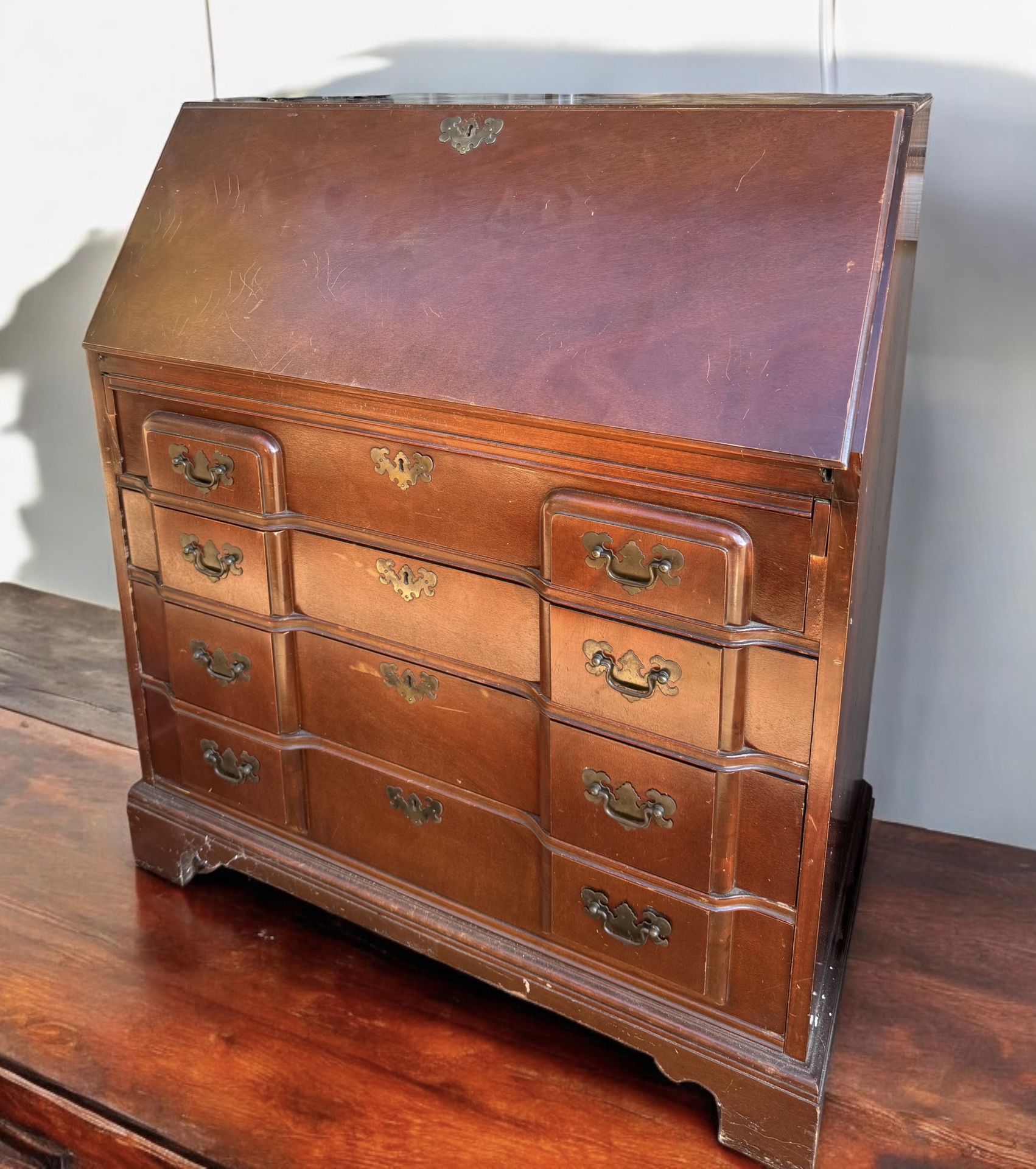 Antique Mahogany Secretary’s Desk With Fold Down Table And Key