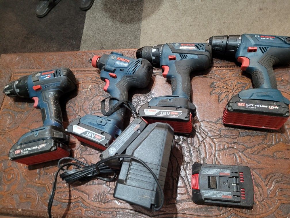 BOSCH 18V1 impact driver + 3 drill drivers/6 Batteries/ charger