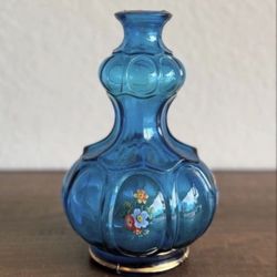 Empoli Italian Blue Glass Bubble Vase w/ Flowers MCM (OLD)